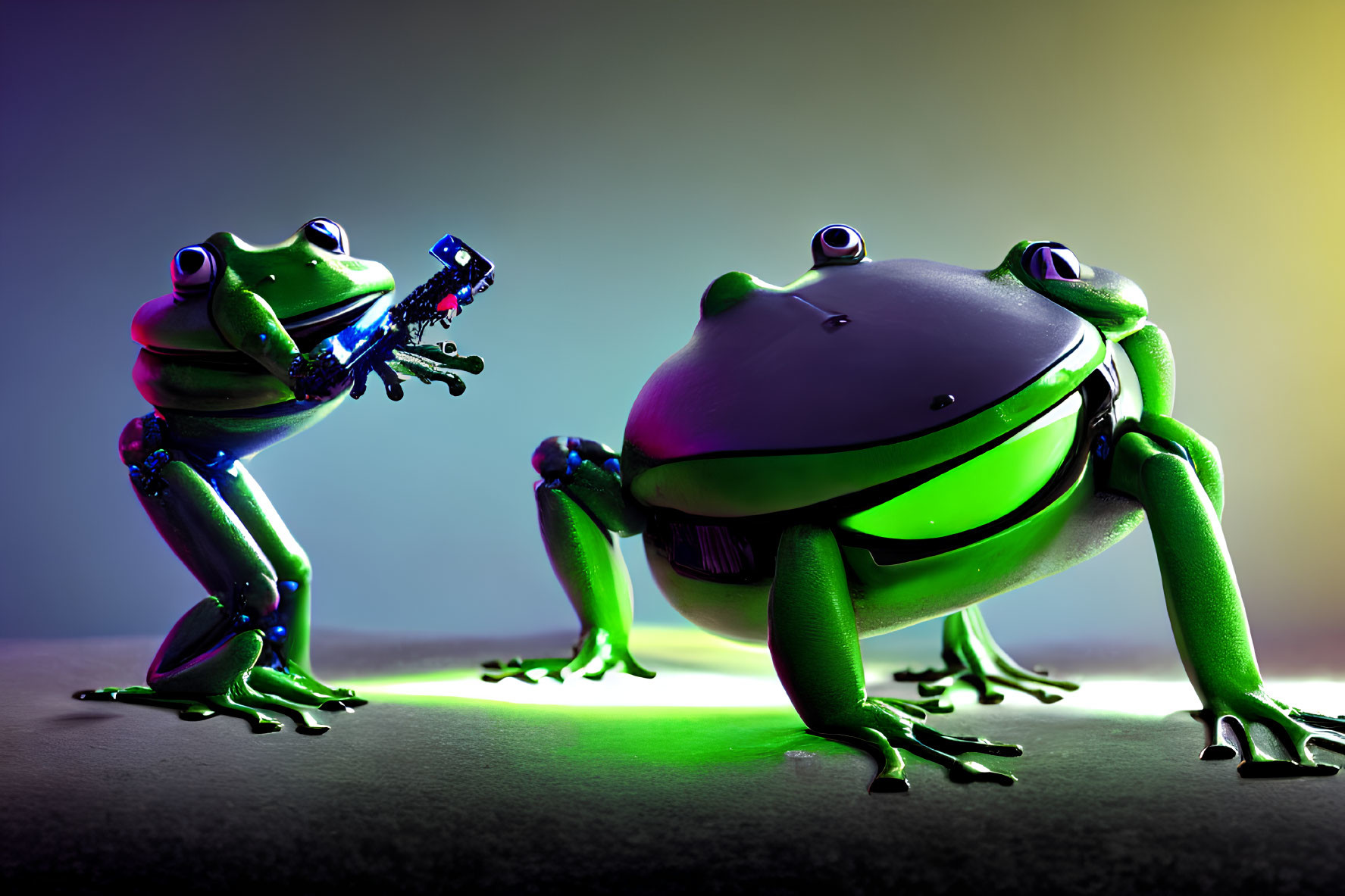 Two stylized green frogs with mechanical elements in colorful setting