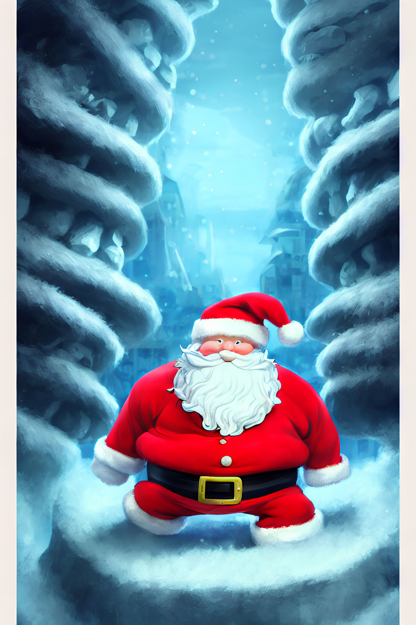 Santa Claus Sitting Among Snow-Covered Trees in Blue-Toned Winter Scene