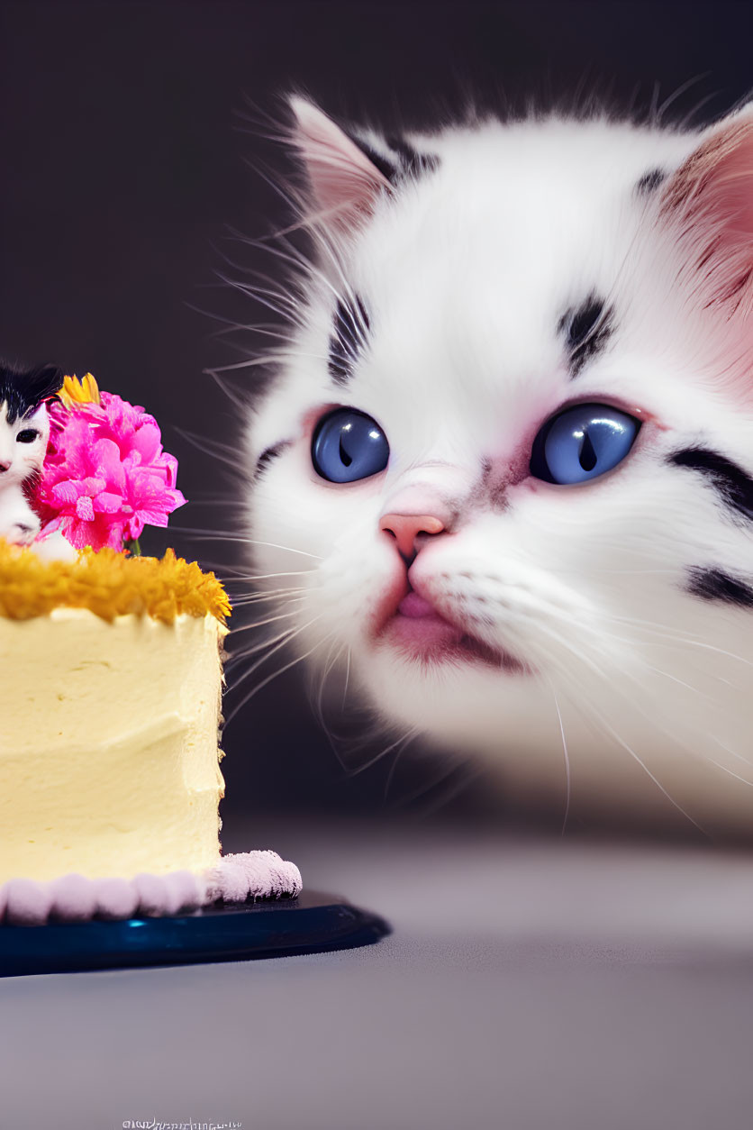 Fluffy white cat with blue eyes and cake slice with pink flower