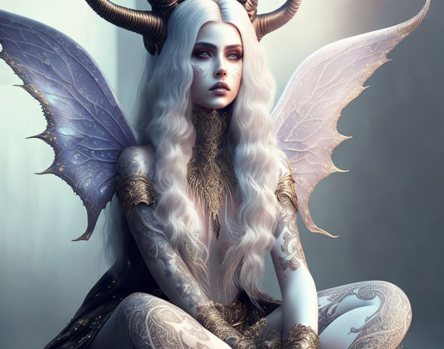 Fantasy illustration of female figure with horns, golden tattoos, dragon wings