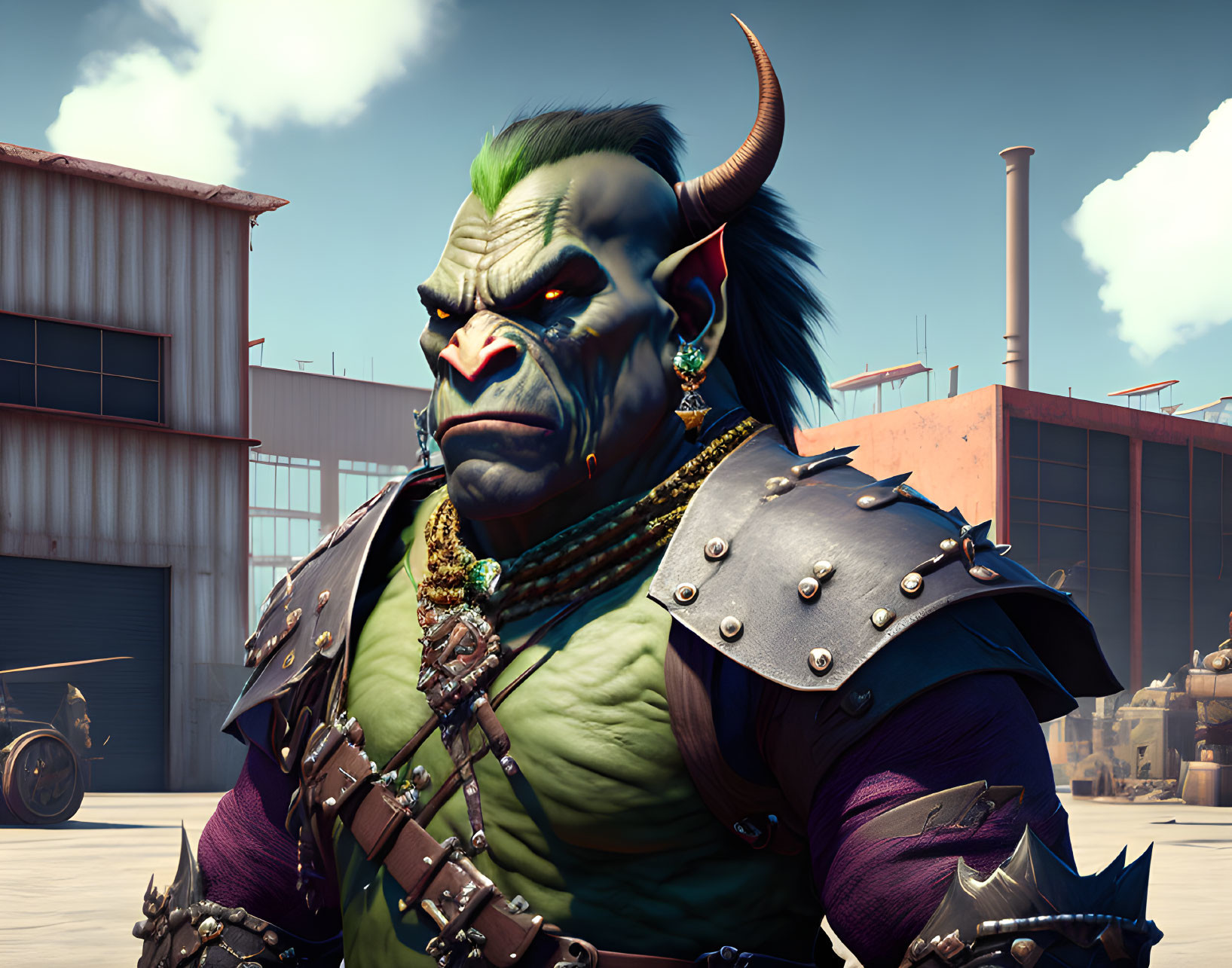 Green-skinned orc with tusks and horns wearing spiked shoulder armor in an industrial scene