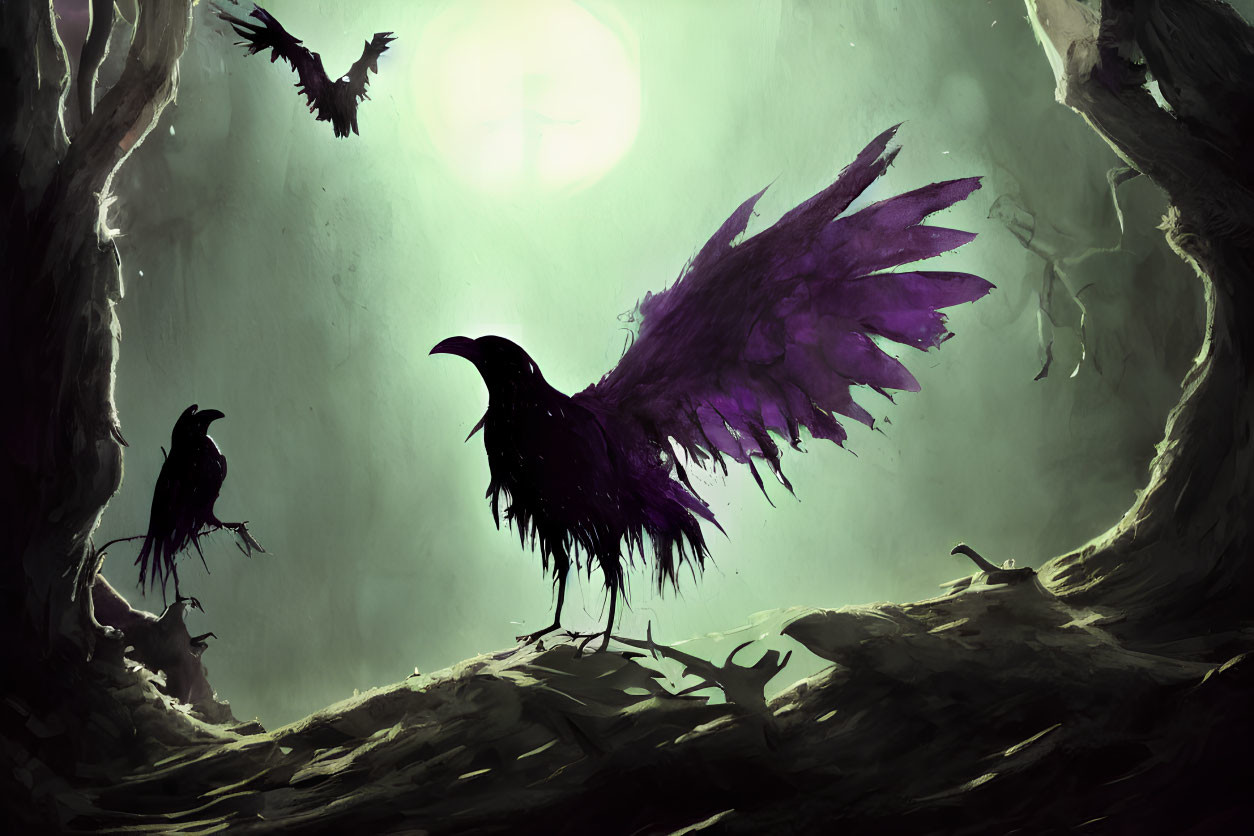 Stylized artwork of three crows in mystical moonlit forest