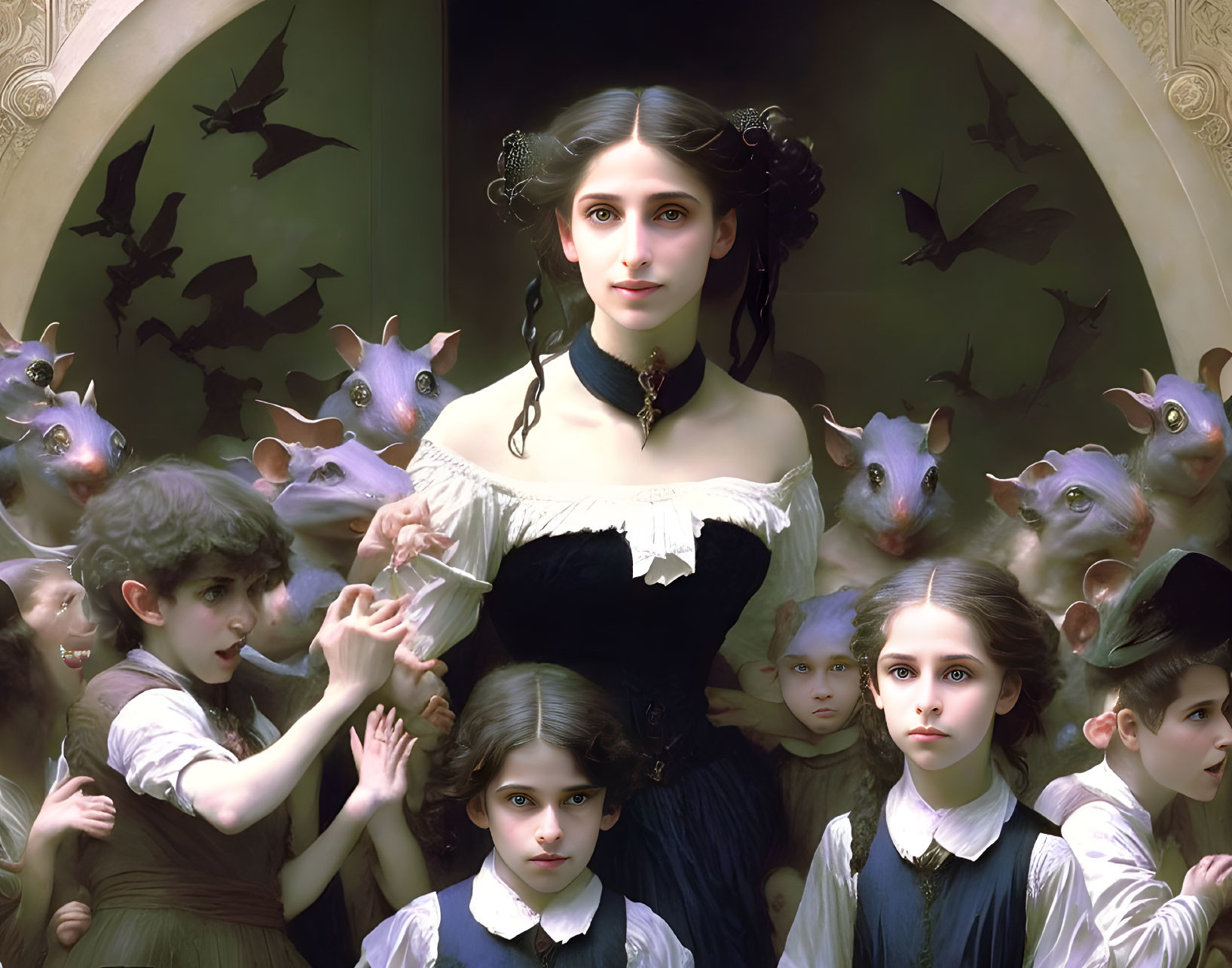 Victorian-era woman with children, rats, and bats in eerie setting