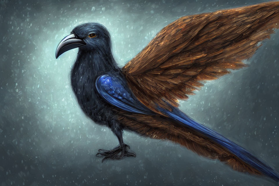 Majestic raven with glossy blue feathers and outstretched brown wing on light-blue background