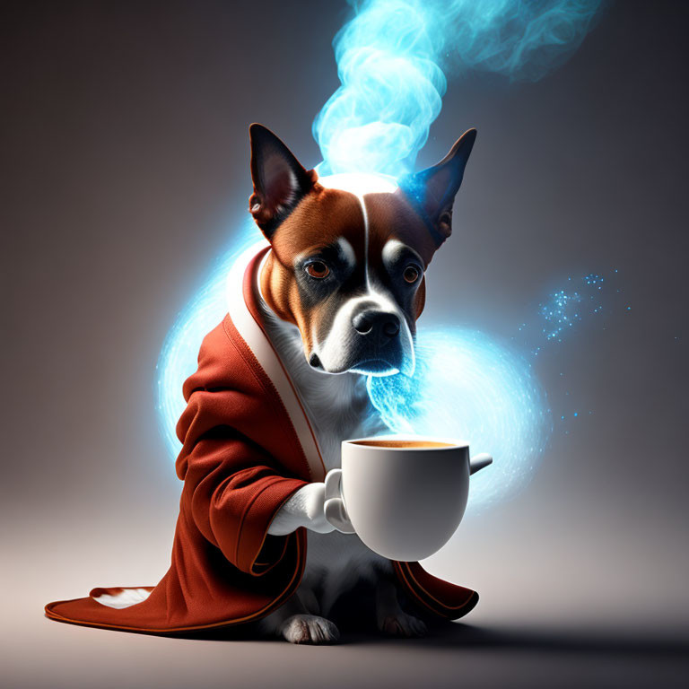 Anthropomorphic dog in red jacket drinking blue magical drink