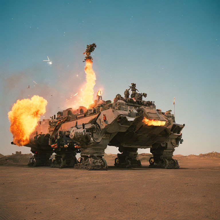 Armored tank with multiple artillery levels in desert setting with soldiers and dynamic sky