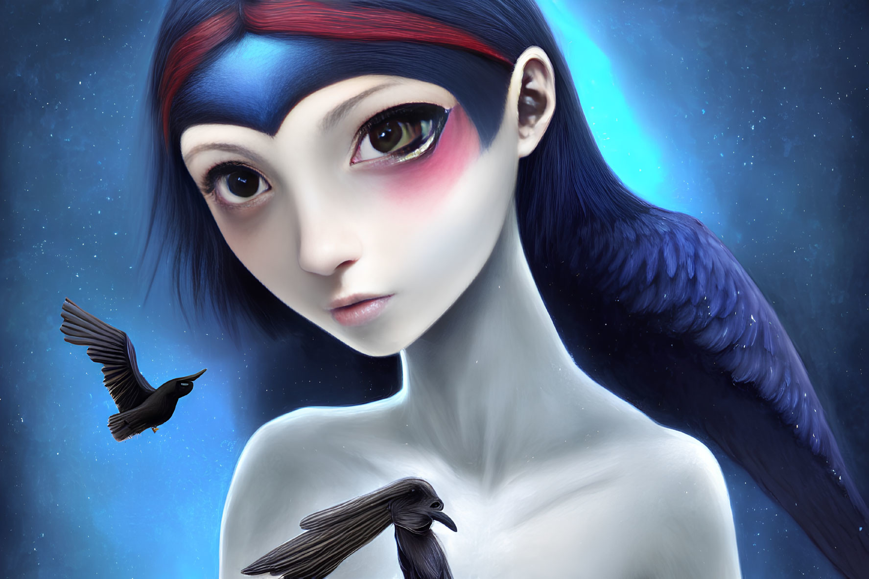 Digital artwork featuring female figure with red headband, expressive eyes, dark wings, and flying crows