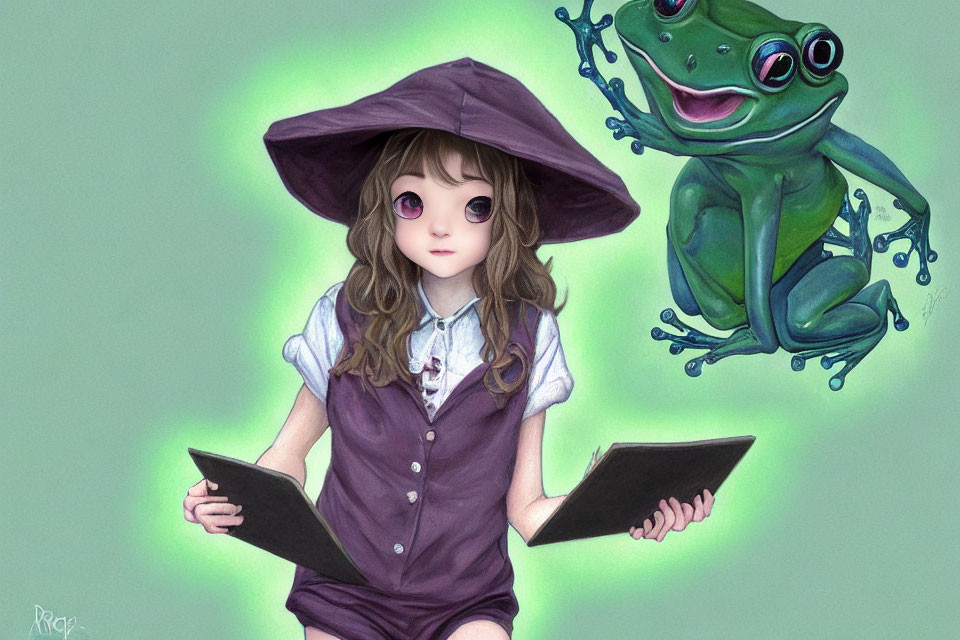 Young girl in purple outfit draws on tablet with whimsical green frog