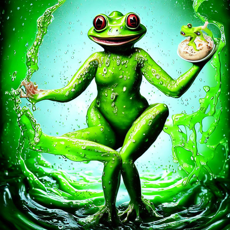 Green Frog Holding Donut in Water Splash