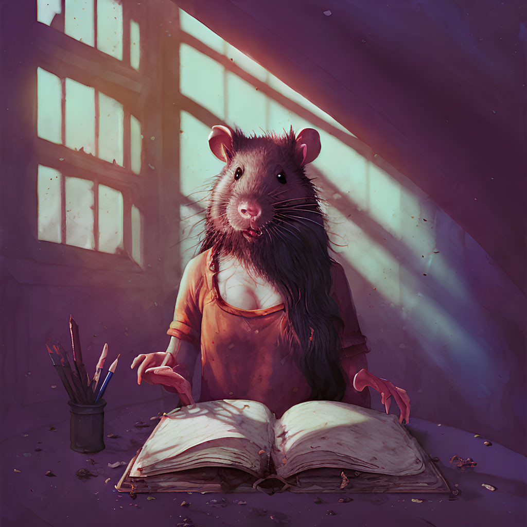 Anthropomorphic rat in orange shirt reading book in dim room with sunlight.