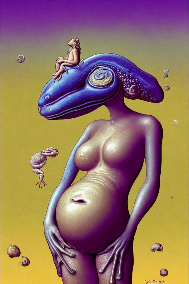 Surreal illustration of small person on blue frog-like creature