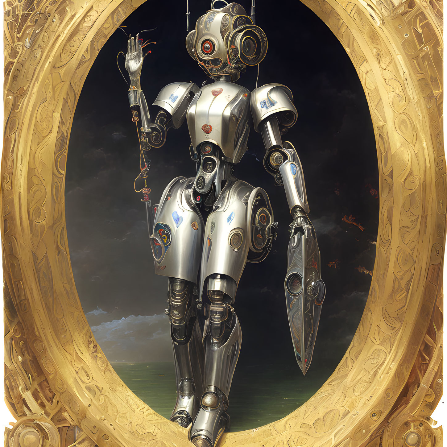 Detailed Humanoid Robot in Silver and Gold Design in Ornate Circular Frame