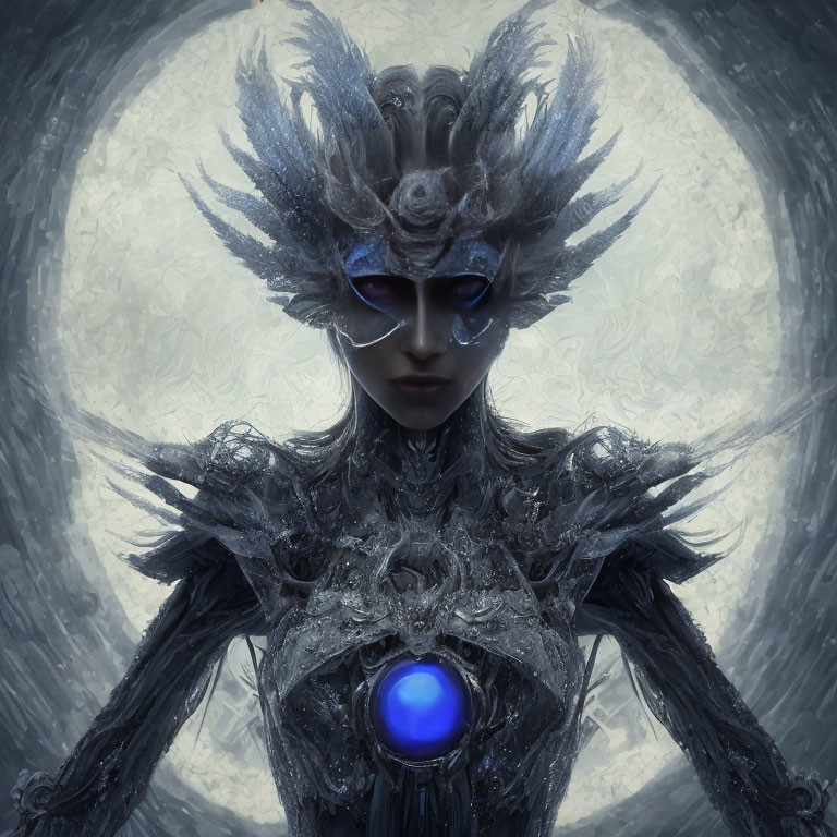 Intricate dark outfit with feather-like headpiece and glowing blue orb