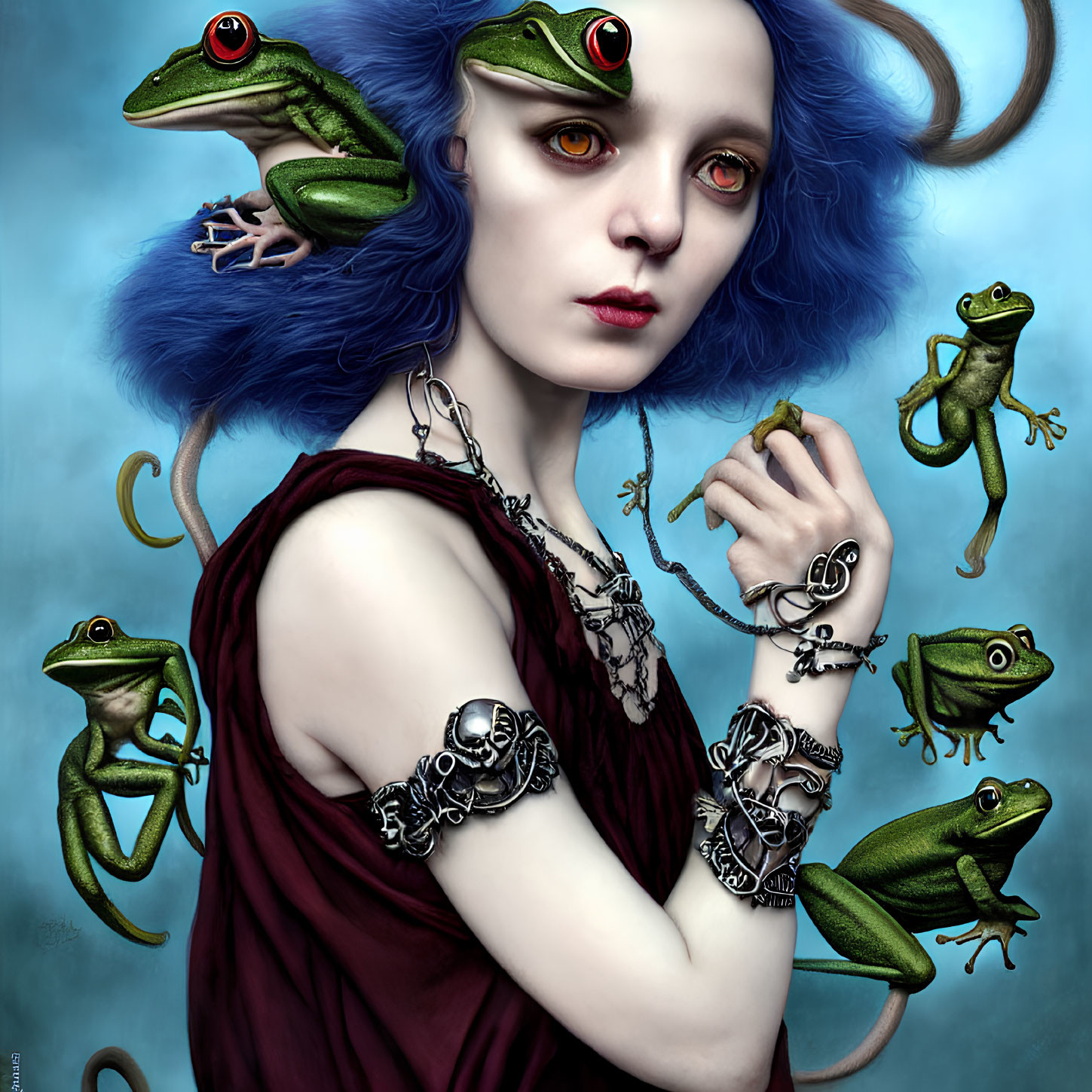 Surreal portrait of person with pale skin and blue hair adorned with frogs and silver jewelry on blue