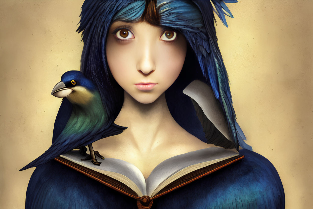 Digital artwork: Woman with blue feathered hair and bird, staring at open book