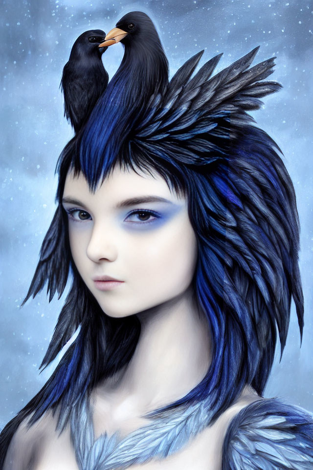 Digital artwork of person with feathered hair and black birds against starry sky