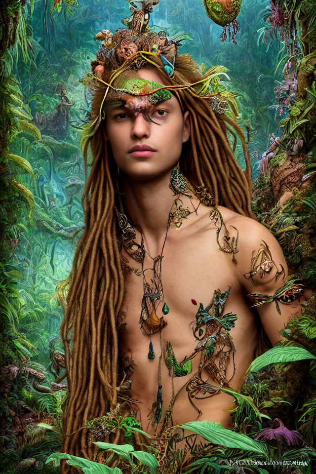 Person with nature-themed dreadlocks and tattoos in lush forest.