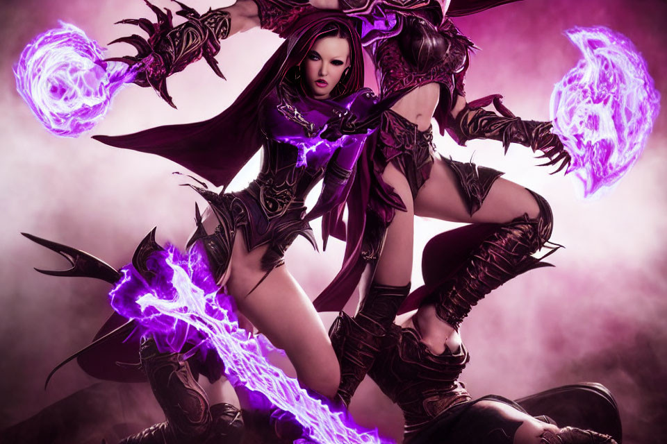 Fantasy female warrior in dark armor with purple magic on pink background.