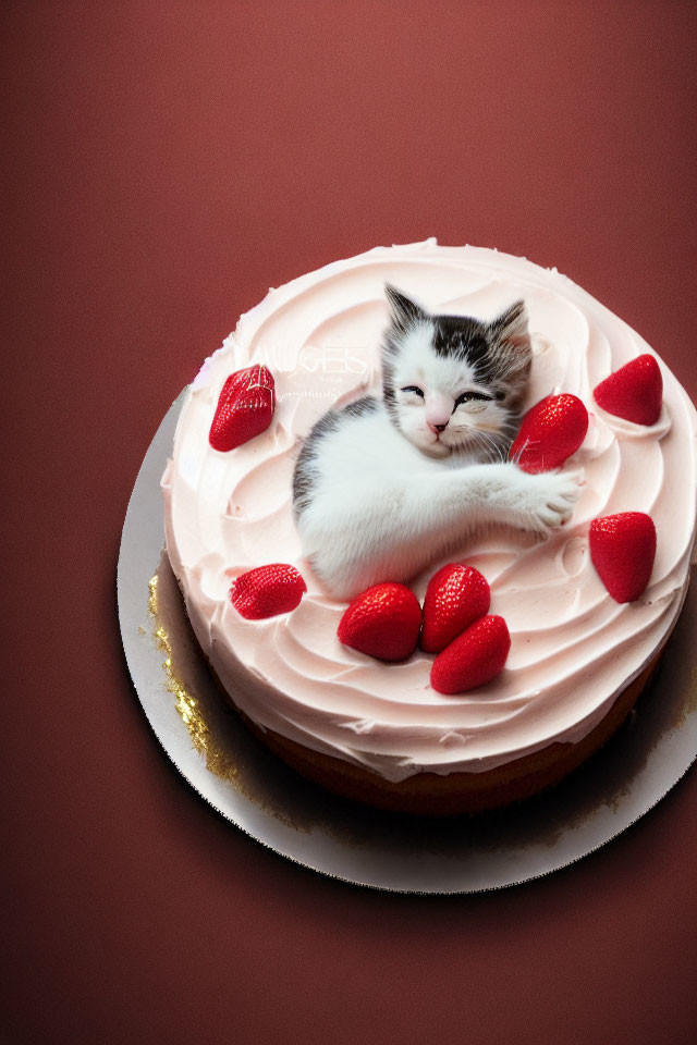 Adorable kitten on pink cake with strawberries and gold leaf on maroon background