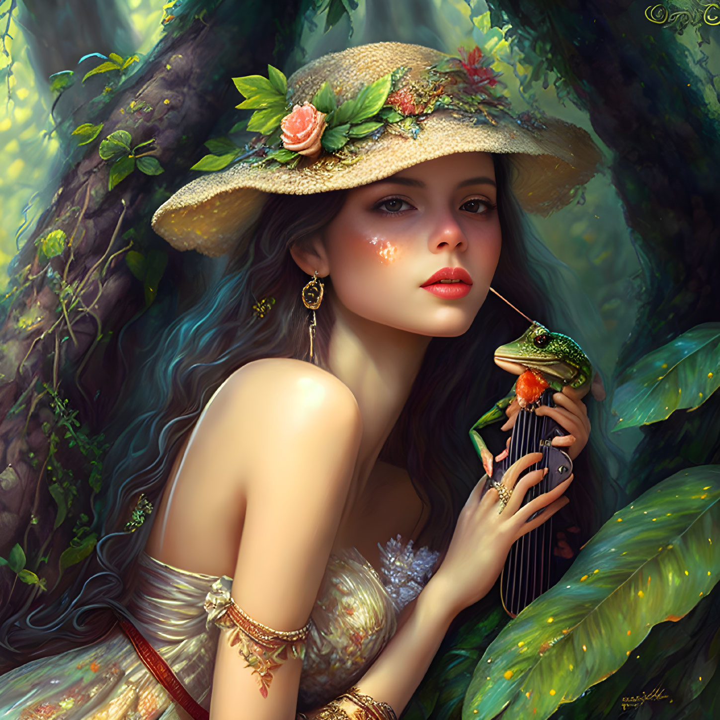 Woman with Floral Hat Holding Frog on Lute in Forest