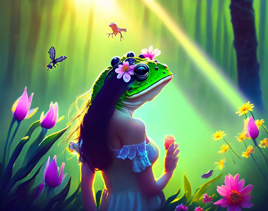 Surreal image: frog-headed figure in enchanted forest