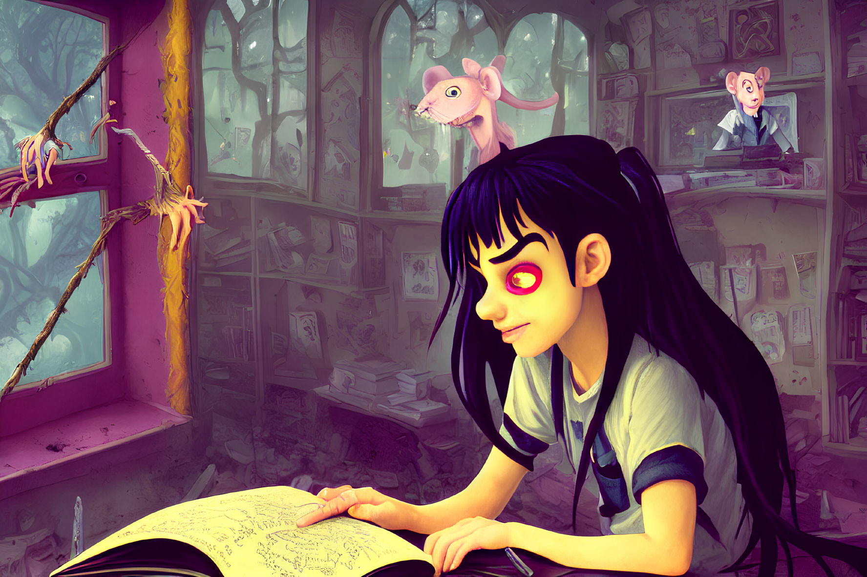 Black-haired girl reading in purple room with magical creatures