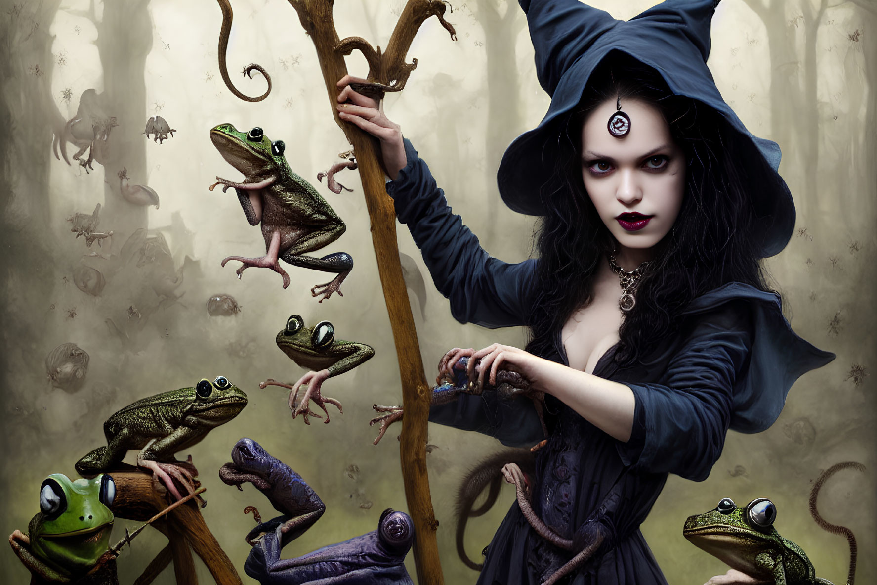 Mysterious woman in witch costume with blue hat, holding staff, surrounded by flying frogs in whimsical