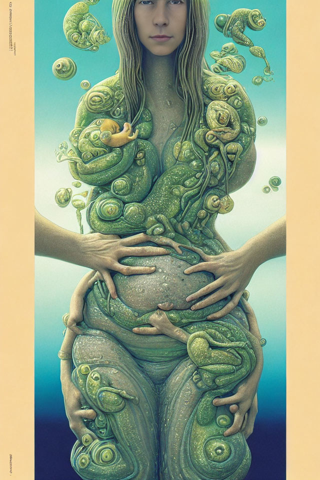 Surreal artwork of woman with green spiral patterns and floating orbs