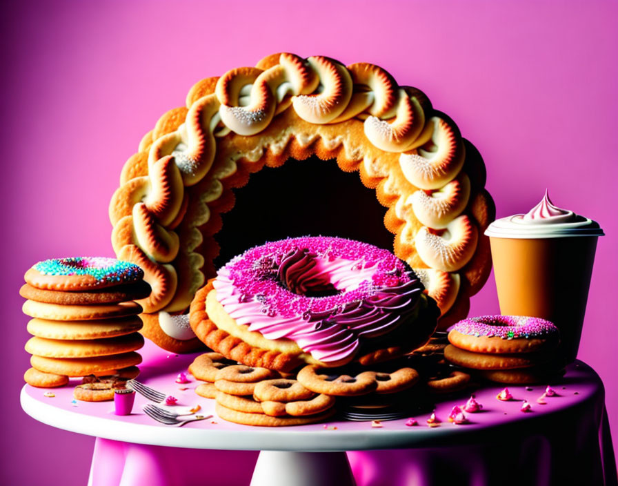 Vibrant dessert display with pink cake, cookies, and coffee on white table