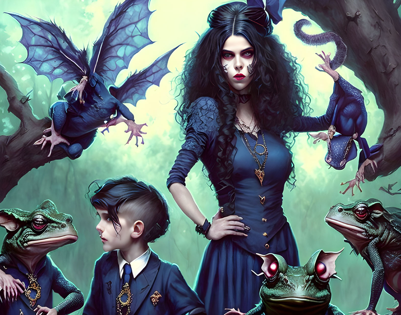 Pale woman, dark hair, blue dress with children, bats, toads in gothic fantasy forest