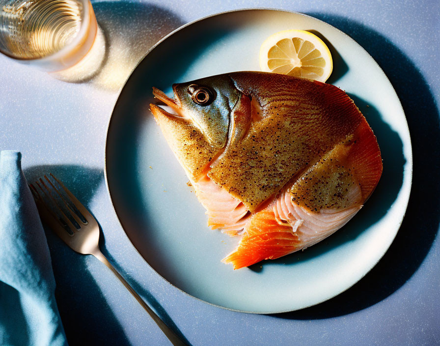 Cooked fish with lemon on blue plate, fork, and drink on table with shadows.