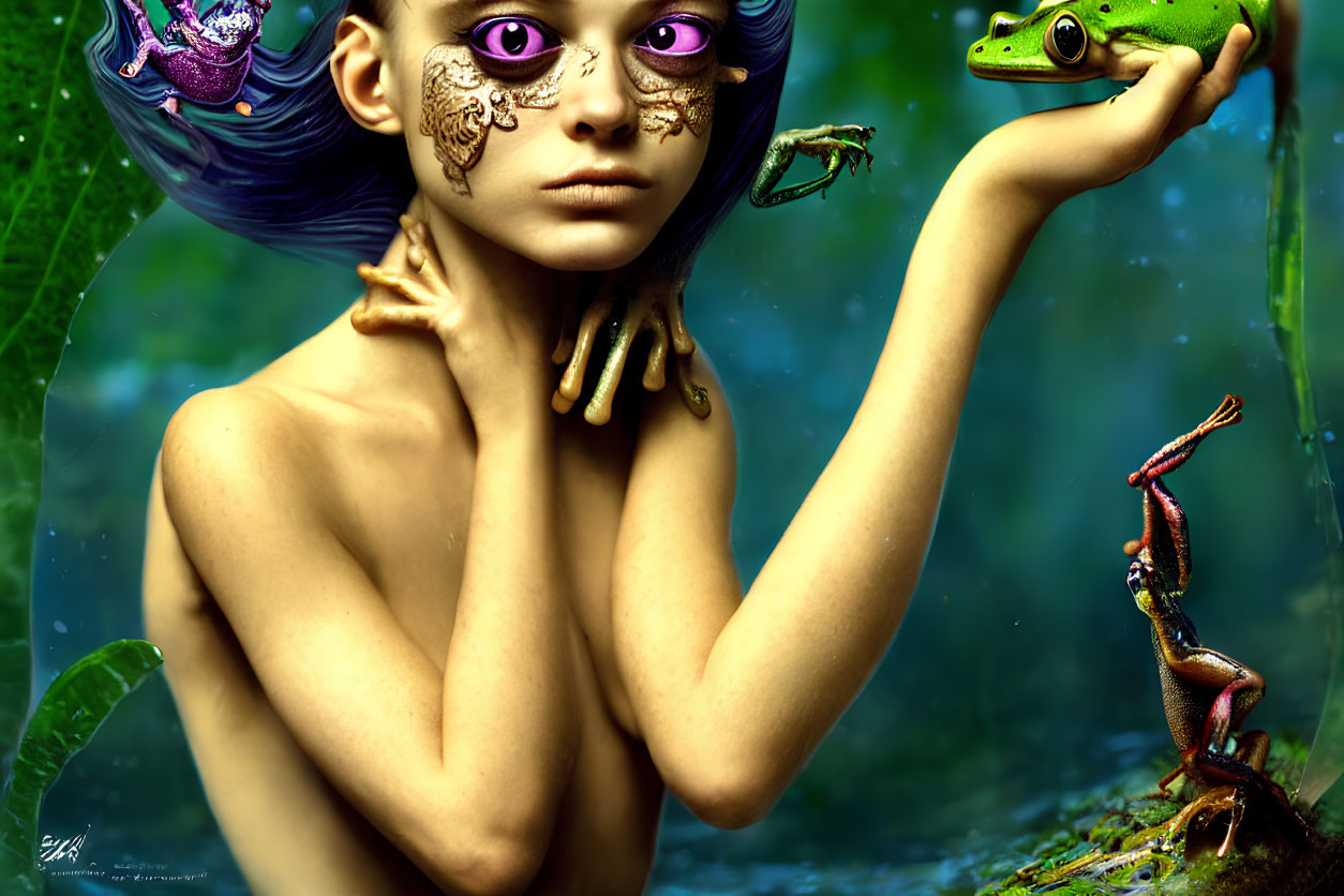 Fantastical image of woman with violet eyes holding green frogs