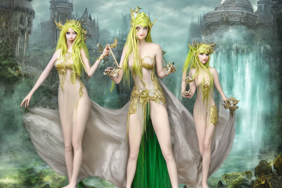 Three blonde elf queens in gowns at mystical waterfall and ruins