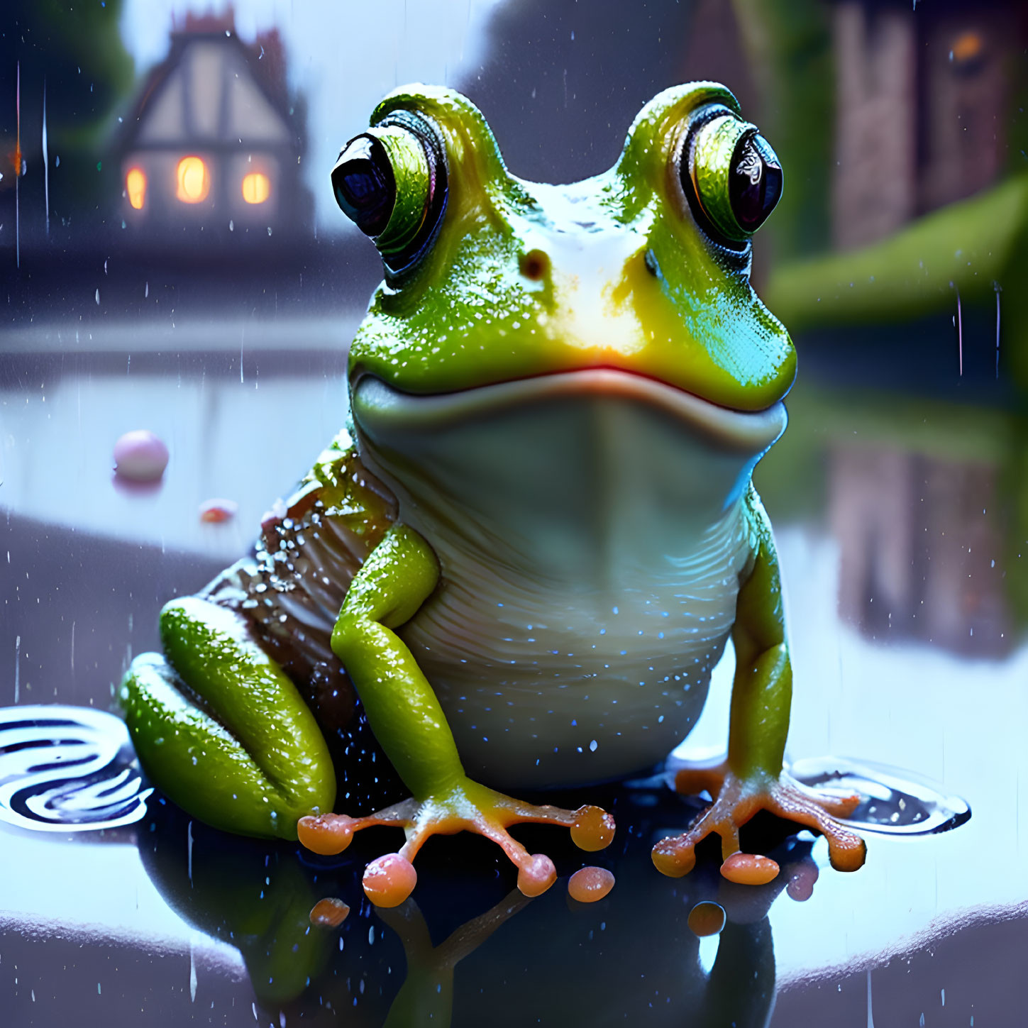 Detailed Frog Sitting on Wet Surface with Raindrops and Blurred House Background