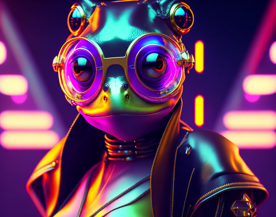 Colorful Frog Illustration with Round Glasses on Neon Background