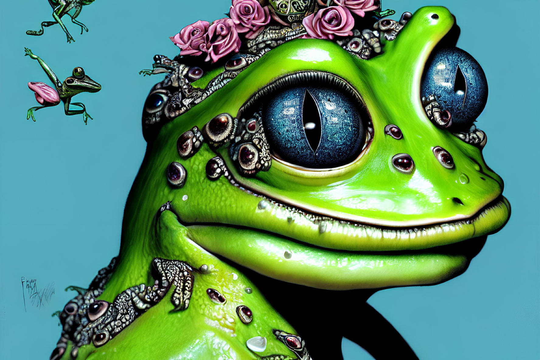 Detailed digital artwork of hyper-realistic green frog with jewelry and roses; whimsical frogs in background