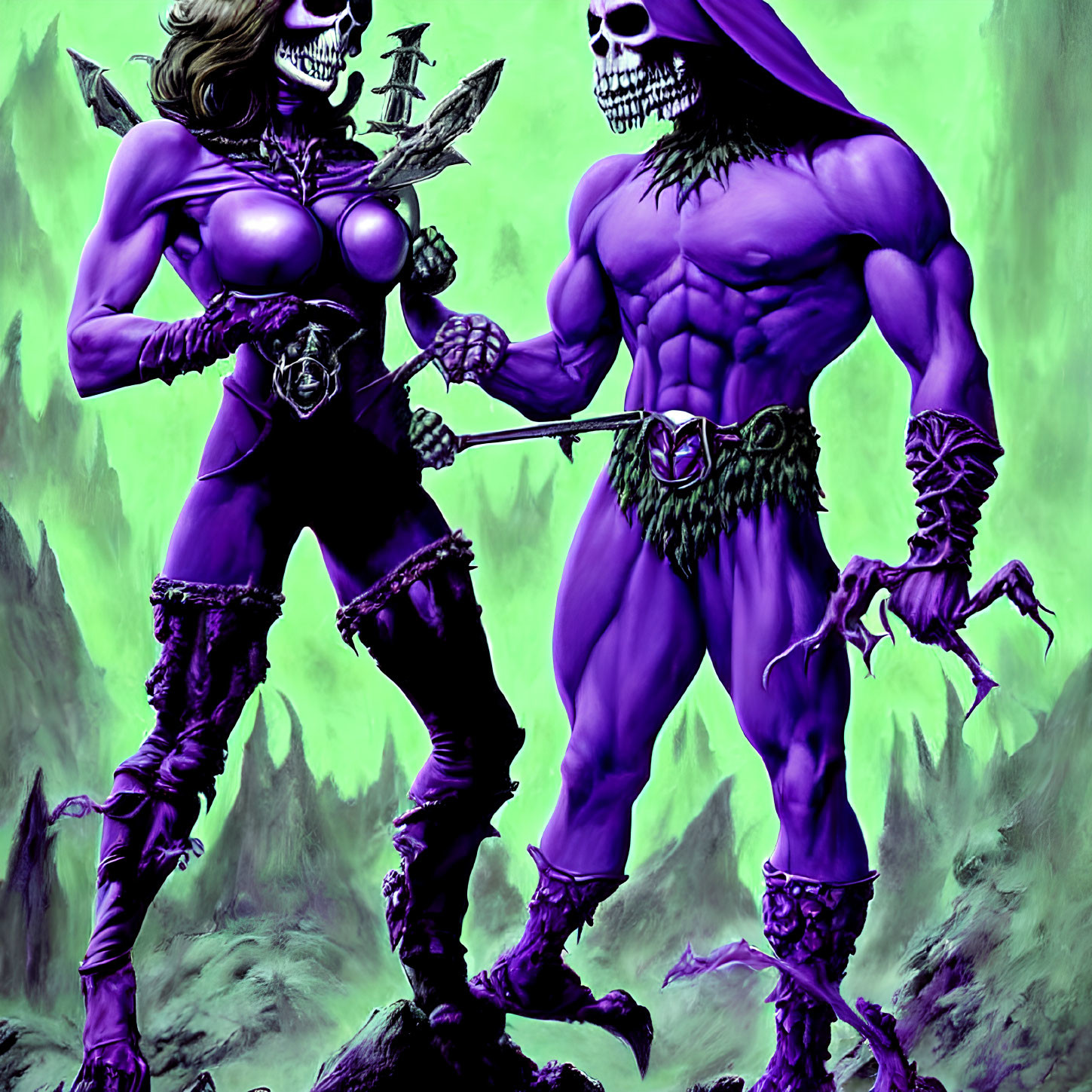 Muscular fantasy characters in purple attire against misty mountains