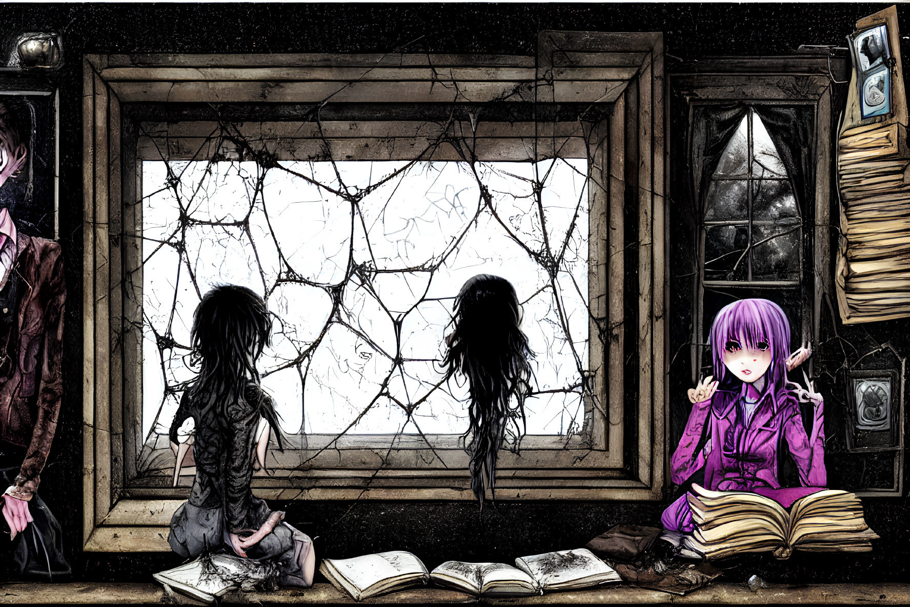 Dark, Moody Illustration of Four Characters in Distressed Room