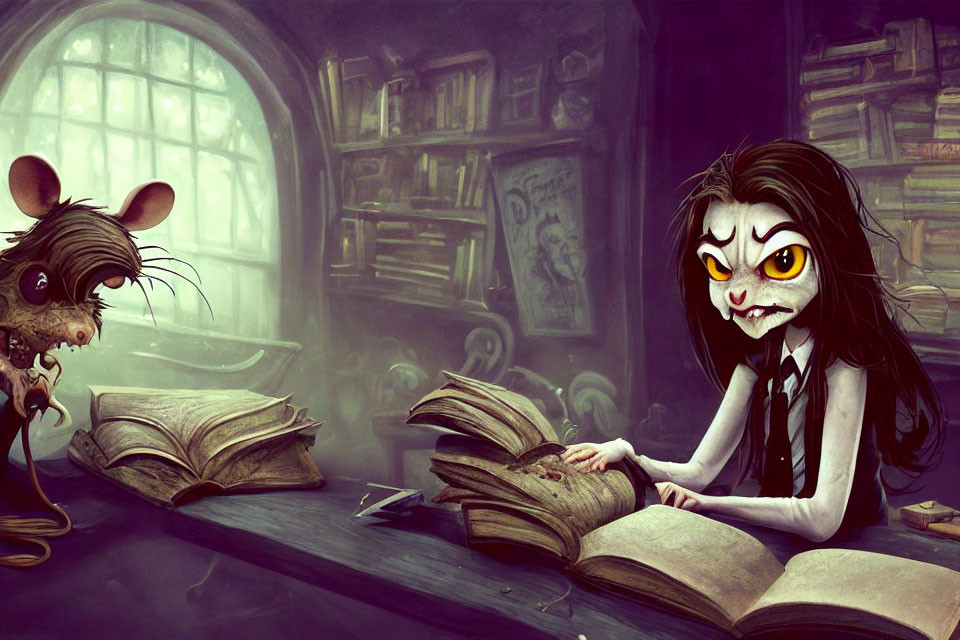 Dark-haired humanoid with glowing eyes reading book in cluttered room with mouse holding key