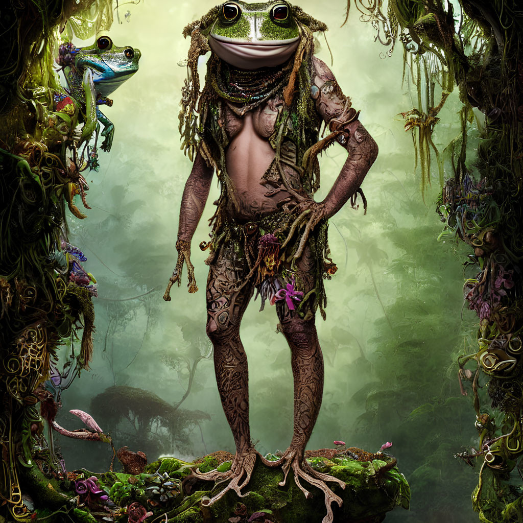 Fantasy frog-like humanoid creature with tribal tattoos in lush jungle