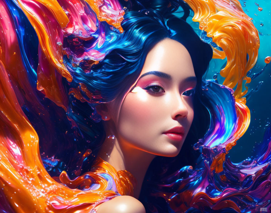 Vibrant swirling colors surround woman with striking makeup