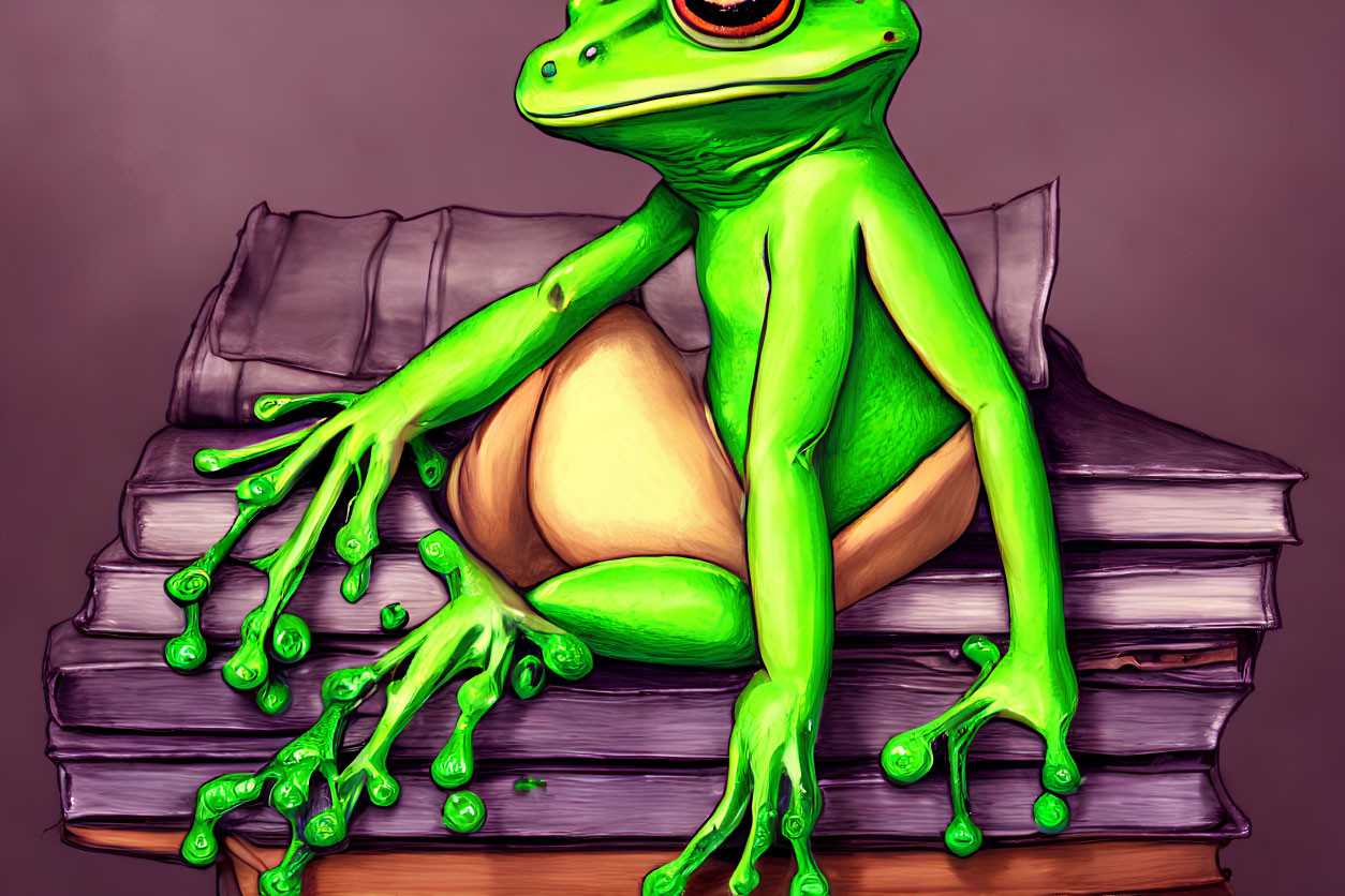 Green Frog Sitting on Books with Thoughtful Expression