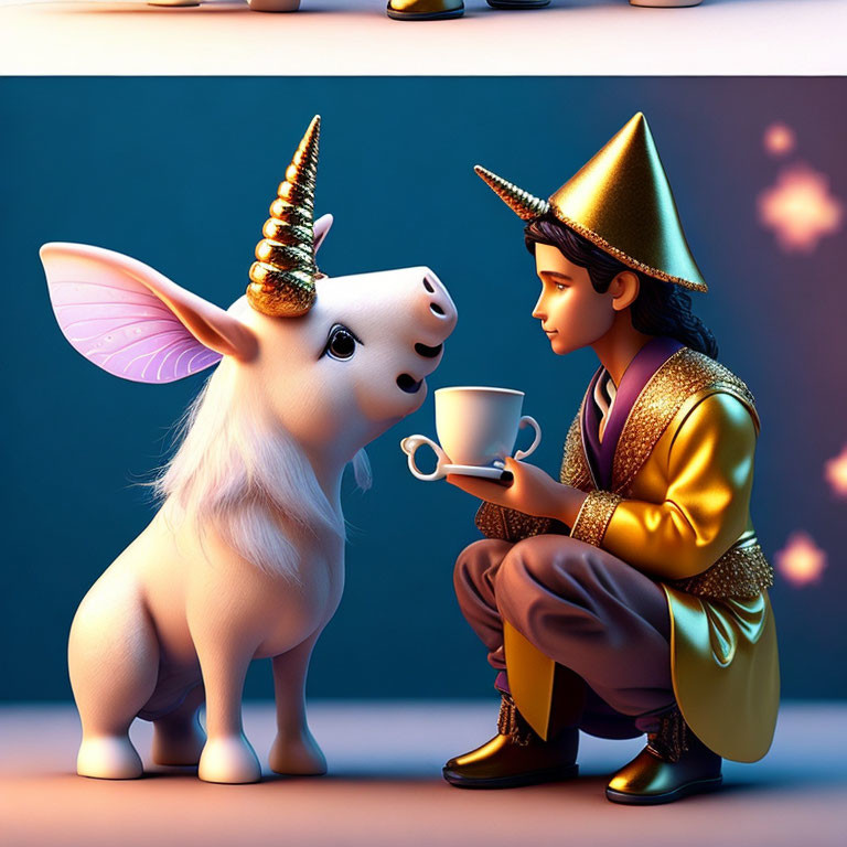 Whimsical digital art: man in gold jacket with unicorn and coffee cup on blue backdrop