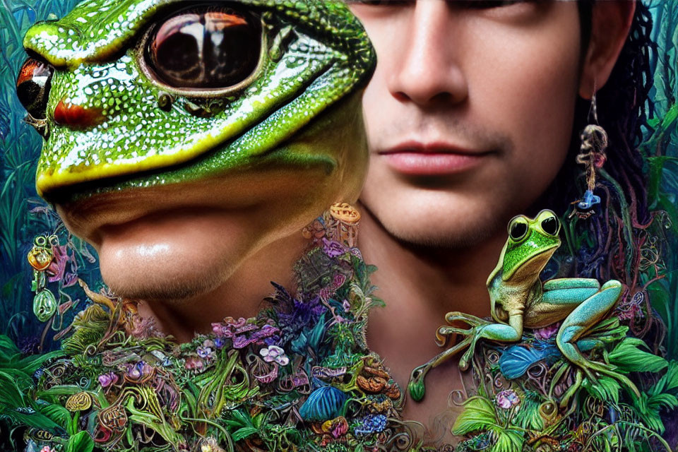 Composite image of man's face blended with colorful frog head against detailed flora background.