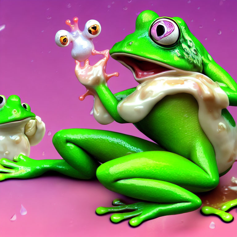 Stylized animated frogs with exaggerated features on pink background