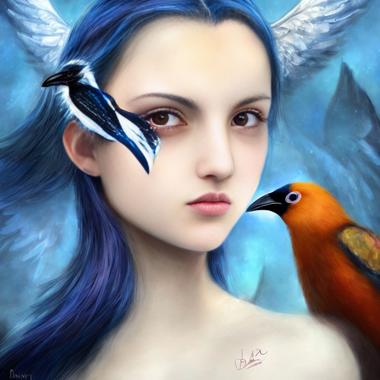 Digital Artwork: Woman with Blue Hair and Birds on Soft Blue Background