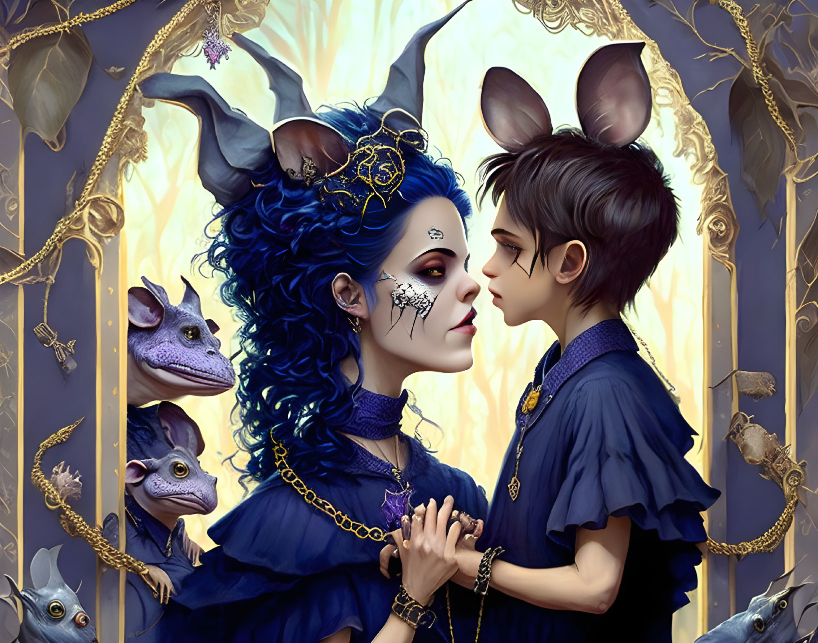 Stylized mouse characters in golden forest setting touching foreheads