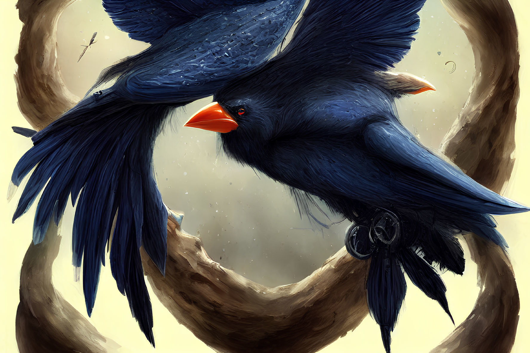 Detailed Illustration: Blue-Black Raven in Flight with Orange Beak against Blurred Brown Field