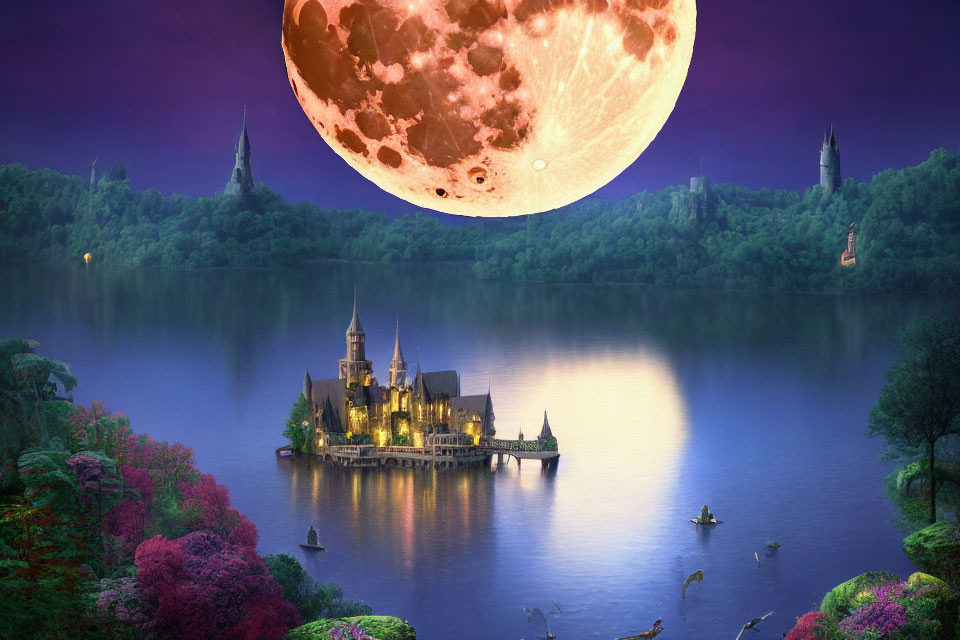 Glowing castle on island with purple foliage under moonlit sky