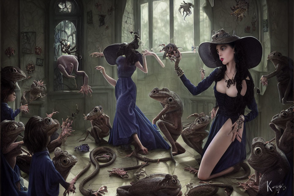 Fantasy scene: Woman in witch costume with frogs in gothic room